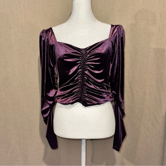 Express Velvet Long Sleeved Ruched Front Top Puff Sleeve Violet ✨ Size Small - Picture 1 of 3